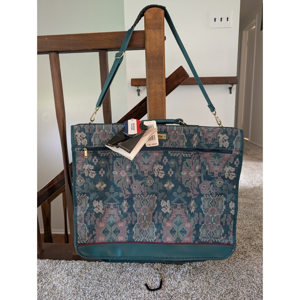 VTG American Tourister Green Tapestry Hanging Travel Garment Bag 18" x 22.5" NOS